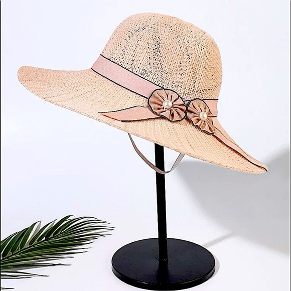 WIDE BRIM FLOWER PEARL DECOR HAT - Picture 1 of 4